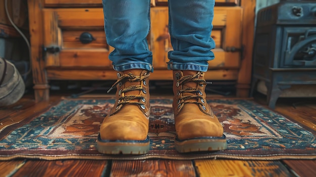 Las piernas de los jóvenes de moda en vaqueros y botas en el suelo de madera