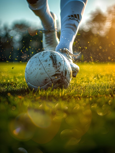 Las piernas de los jugadores de fútbol agarrando una pelota de fútbol