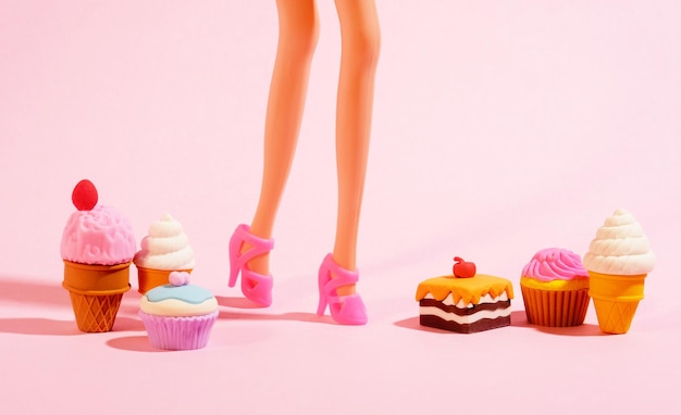 Piernas de juguete de plástico con tacones altos y pequeños dulces en fondo rosa pastel cartel rosa de arte minimalista