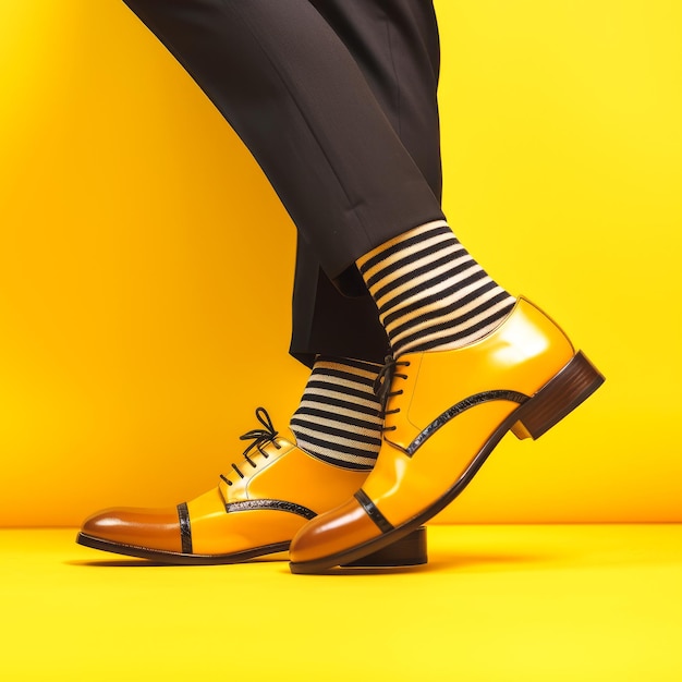 Foto piernas masculinas con estilo irreconocibles en zapatos retro sobre un fondo amarillo