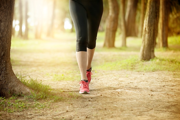 Piernas de mujer joven trotar en el parque forestal de la mañana vistiendo zapatillas rosadas y leggings para correr.