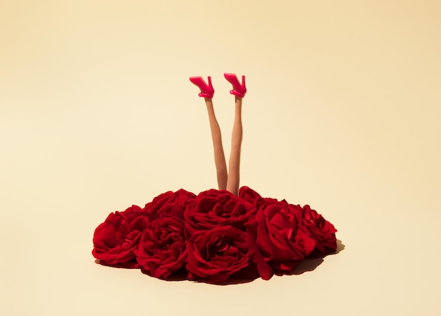 Piernas de una mujer en zapatos rosas que emergen de un montón de rosas rojas Concepto romántico