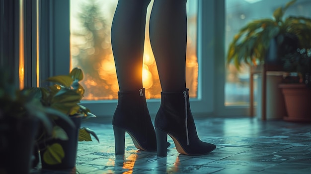 Las piernas de las mujeres en medias negras con botas de gamuza de tacón alto