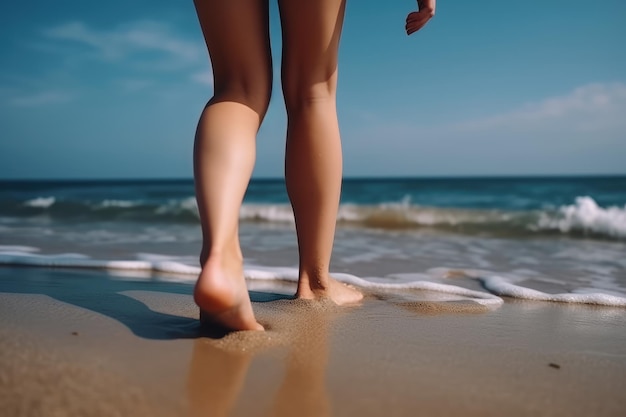 Piernas de mujeres en la playa cerca del mar Concepto de viaje AI