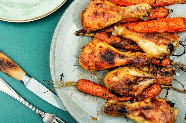 Piernas de muslo de pollo al horno con zanahorias