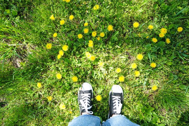 Piernas de una niña en zapatillas con una vista superior de hierba verde