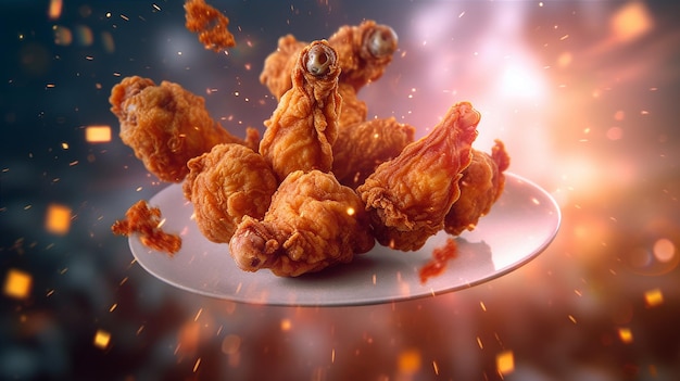 Las piernas de pollo se elevan en el aire en el fondo del menú de comida rápida espacial