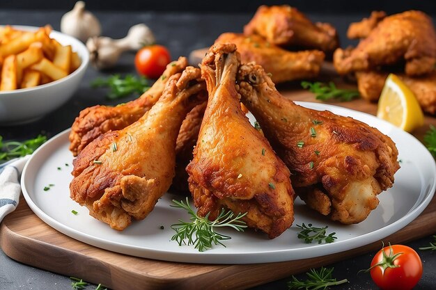 Piernas de pollo fritas en un plato blanco