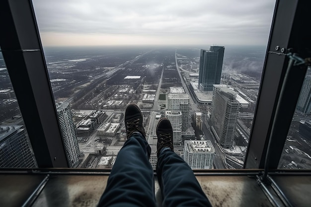 Foto piernas de un techador sentado en la parte superior del techo de un rascacielos con vistas a la ciudad ilustración generativa de ia