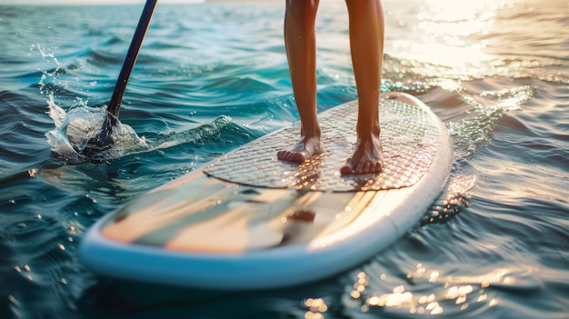 Las piernas de WoMan en Stand Up Paddle Board SUP en las aguas del Mar Azul