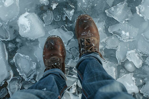 Foto piernas y zapatos de un hombre de pie en una superficie peligrosa