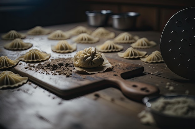 Pierogi na tomada em um fundo de madeira