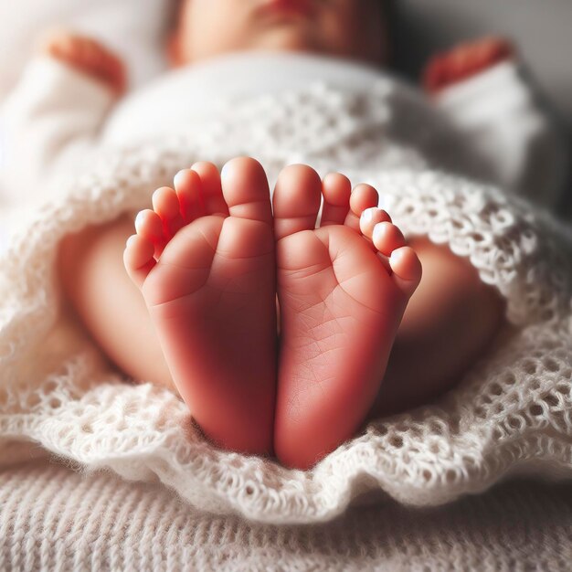 Los pies de un bebé recién nacido en una manta blanca