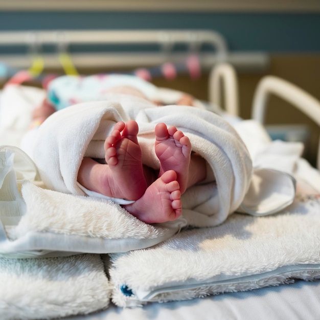 Los pies de los bebés recién nacidos en toallas blancas