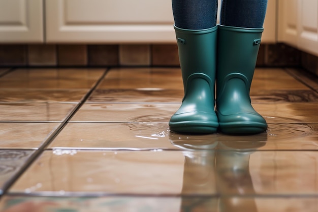 Foto los pies en botas de goma en un charco en los azulejos de la cocina