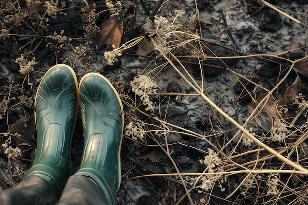 Foto los pies en botas de goma de pie junto a las malezas marchitantes después de la quema