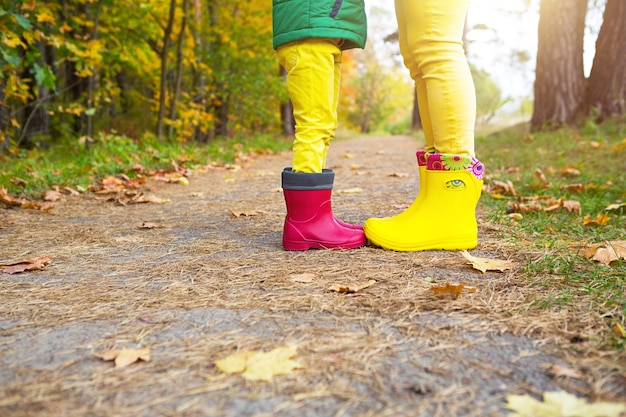 Pies en botas de goma rojas y amarillas de una madre y una hija en el bosque de otoño. Estacionalidad, estaciones, hojas de arce secas caídas, paseo familiar, sentimiento de amor y cuidado, paternidad