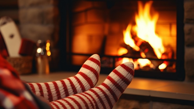 pies en calcetines de lana junto a la chimenea navideña