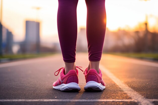 Foto los pies del corredor corriendo en la carretera en primer plano en el zapato mujer de acondicionamiento físico amanecer correr entrenamiento bienestar concepto