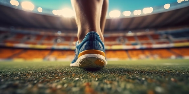 Pies de corredor corriendo en un primer plano del estadio en los pies espacio de fondo deportivo para copiar AI Generativo