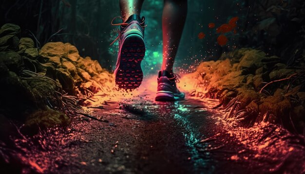 Foto pies de corredor en zapatillas para correr corre sendero forestal salpicado a través de charcos colorido neón brillante