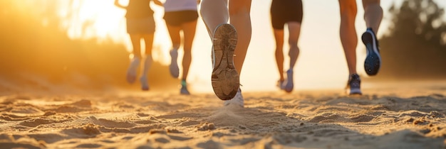 Los pies de los corredores en acción en una playa de arena en la hora dorada con un enfoque en el movimiento