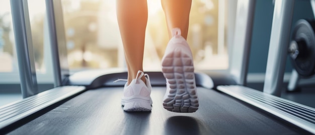 Los pies de los corredores en una cinta de correr que simbolizan la salud y un estilo de vida activo