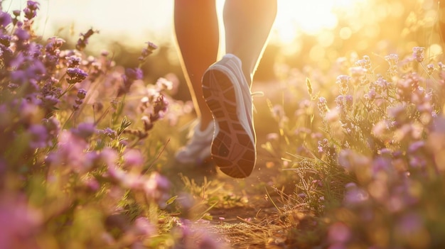 Los pies de los corredores en un sendero cubierto de flores al amanecer