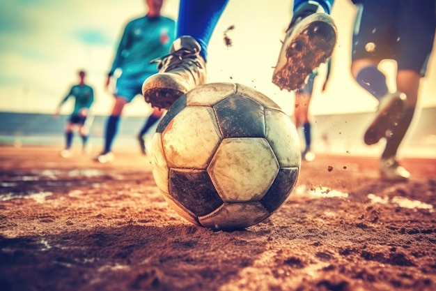 Pies corriendo y primer plano de una pelota de fútbol