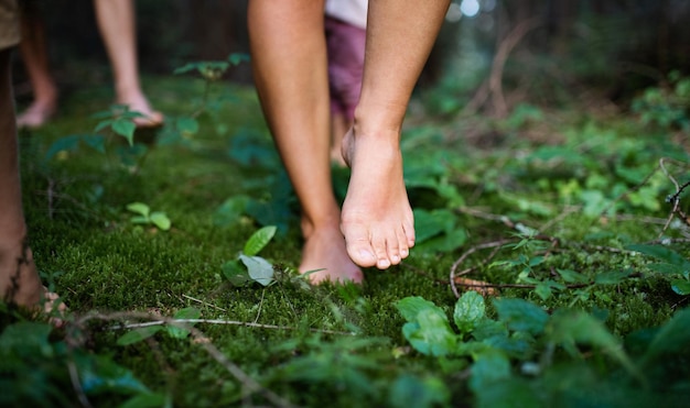 Pies descalzos de familia con niños pequeños de pie descalzo al aire libre en la naturaleza, el concepto de baño de puesta a tierra y bosque.