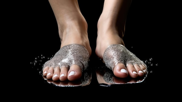los pies descalzos de una mujer con brillo en los dedos de los pies.