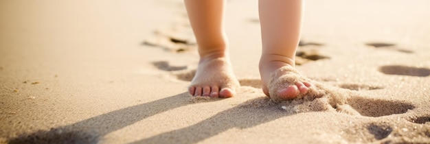 Los pies descalzos de un niño en la arena