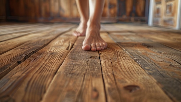 Los pies descalzos de una persona están en un suelo de madera.