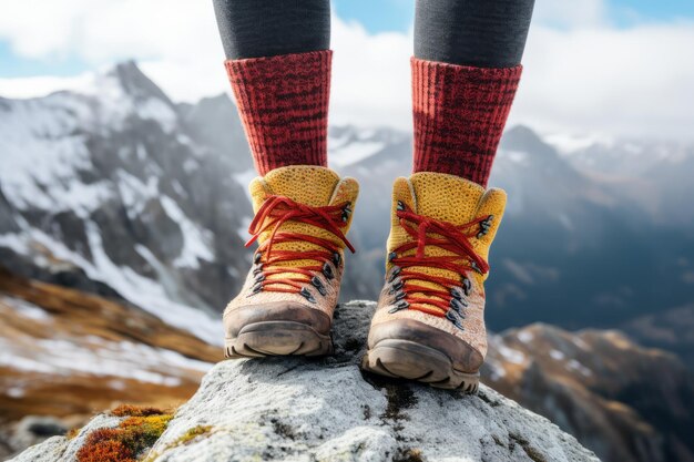 Los pies de una escaladora con botas de cuero y calcetines de lana en la montaña