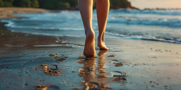 Foto pies femeninos en la arena en la playa ia generativa