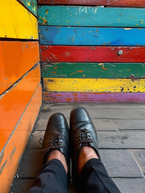 los pies de un hombre de pie al lado de un banco colorido en el estilo de rainbowcore foto negra tomada