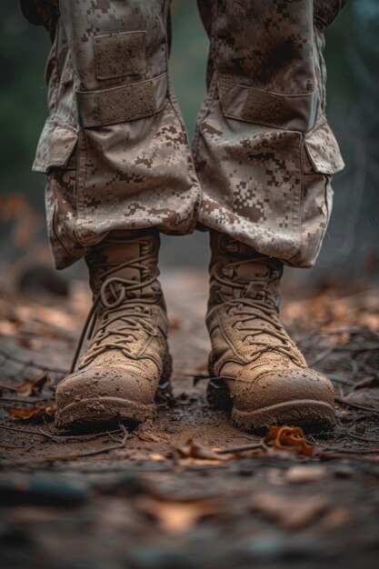 Foto los pies de los hombres militares en botas de combate