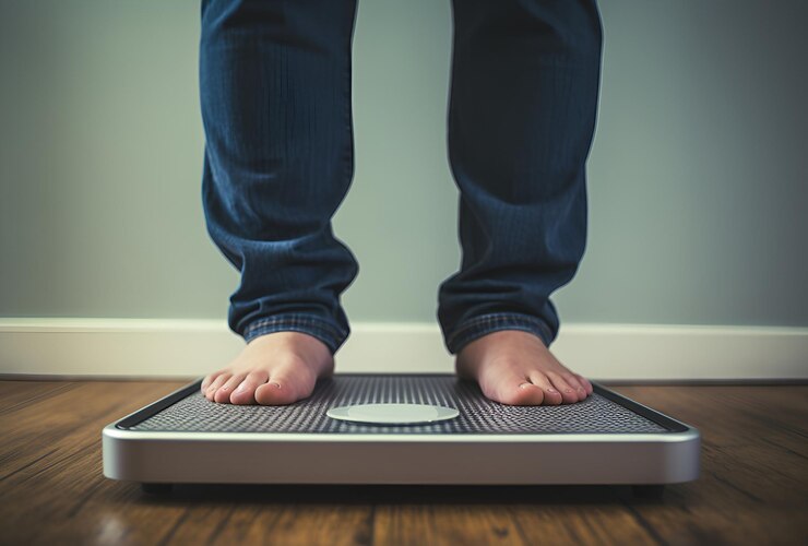 Los pies de un joven adulto están parados sobre un dispositivo de pesaje