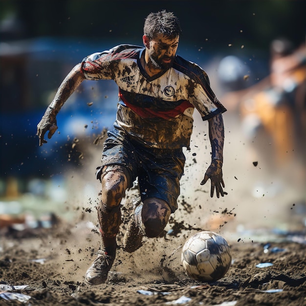 Los pies del jugador de fútbol pateando la pelota en el campo sucio