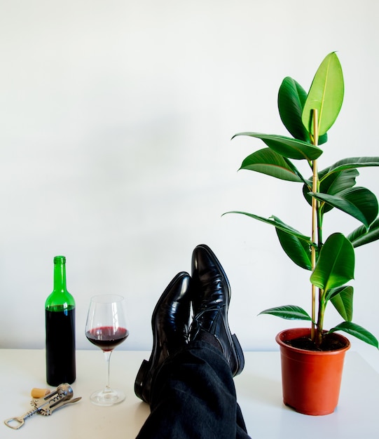 Los pies masculinos en zapatos bajos y planta de ficus junto al vidrio y una botella de vino tinto en la mesa blanca en un momento de relajación