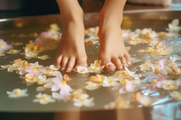 Pies de mujer después de un procedimiento de spa en un salón de belleza