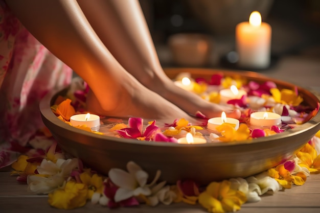 Pies de mujer después de un procedimiento de spa en un salón de belleza