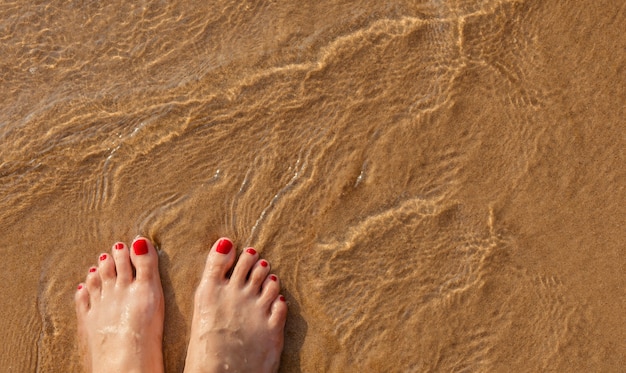 Pies de mujer en la playa de verano