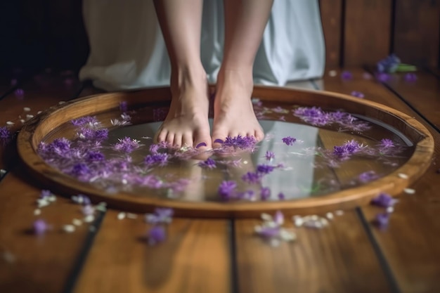 Pies de mujer en tratamiento de spa Pies en un hermoso tazón de agua y flores púrpuras Piso de madera IA generativa