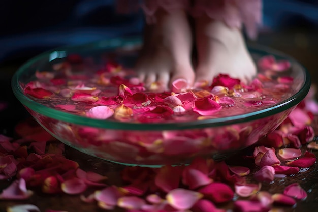 Pies de mujeres en un tazón de pétalos de rosa con agua El spa para pies es hermoso IA generativa