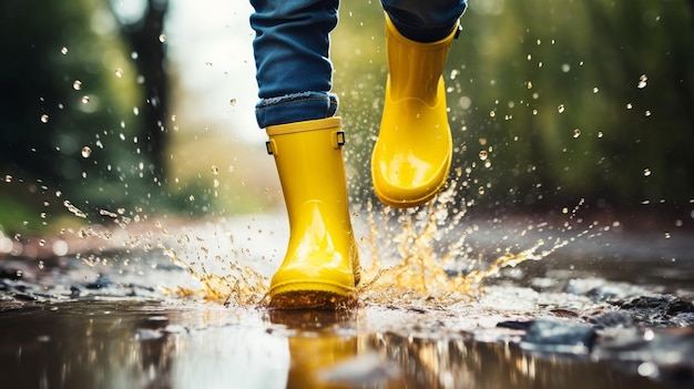 Pies de niño con botas de goma amarillas saltando sobre un charco bajo la lluvia IA generativa