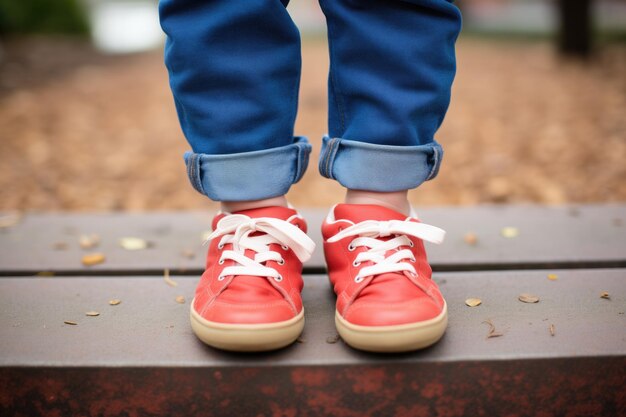 Foto pies de niño en zapatillas rojas de gran tamaño