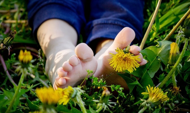 Los pies de los niños en el fondo de la naturaleza de los diente de león