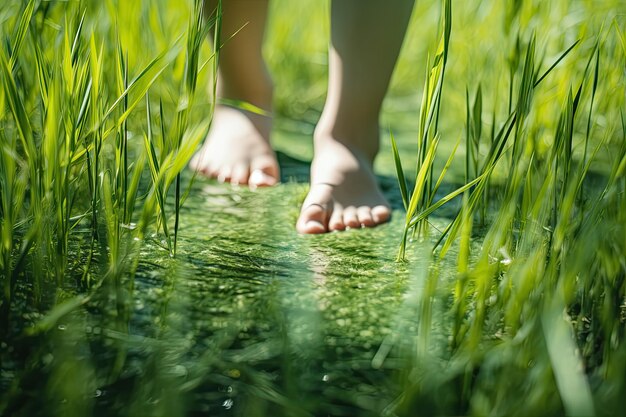 Foto los pies de los niños en la hierba verde