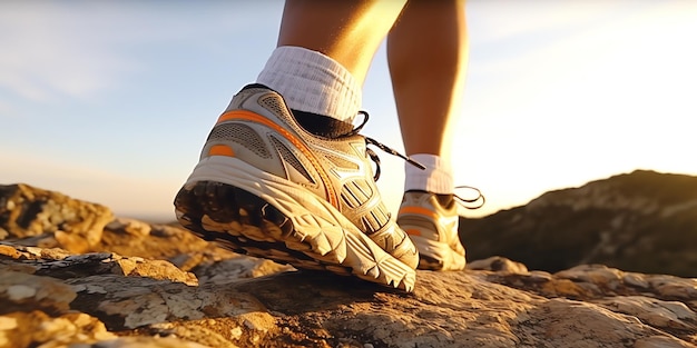 Los pies de una persona se muestran sobre una roca con la puesta de sol detrás de ellos.